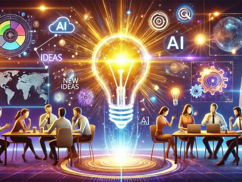 Personas colaborando en torno a una mesa, con una gran bombilla luminosa en el centro que simboliza la innovación. En el fondo, gráficos digitales muestran conceptos como 'IA', 'ideas' y 'nuevas ideas', representando la inteligencia artificial como impulsora de la creatividad y el desarrollo empresarial. Taller organizado por la Asociación Española para la Calidad (AEC) y la Comunidad AEC Innovación