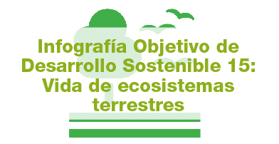 Infografía del ODS 15 - Vida en los ecosistemas terrestres -de la Guía de ayuda para la implantación de los Objetivos de Desarrollo Sostenible (ODS) en empresa, elaborada por Grupo de Trabajo de ODS de la Comunidad AEC Medio Ambiente.